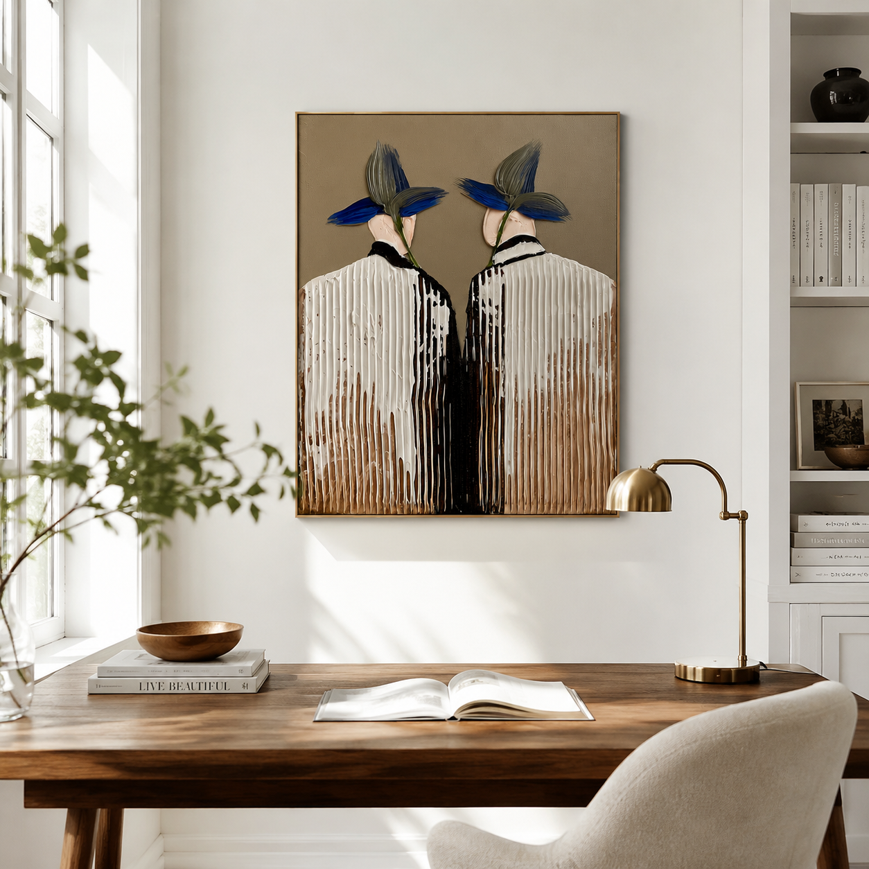 Hand-painted textured couple in hats with blue and green flowers, modern wall art