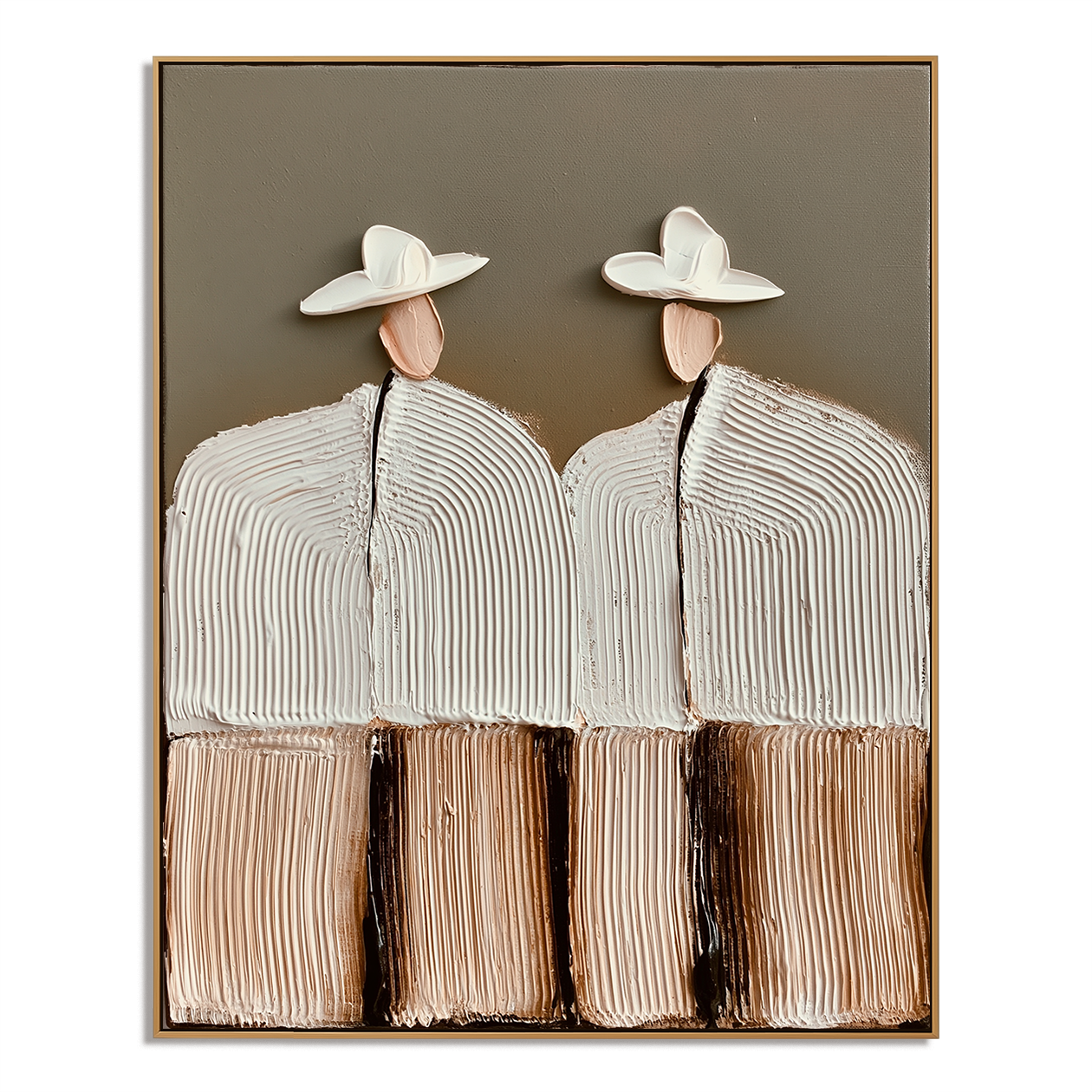 Hand-painted textured couple in hats with white flowers, modern wall art