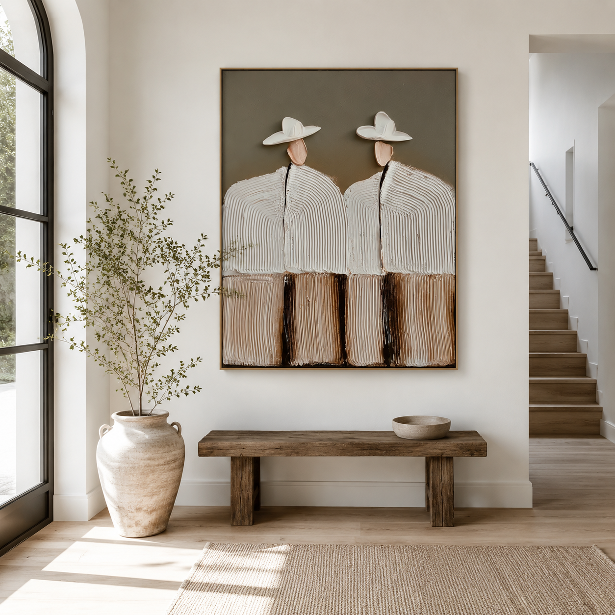 Hand-painted textured couple in hats with white flowers, modern wall art