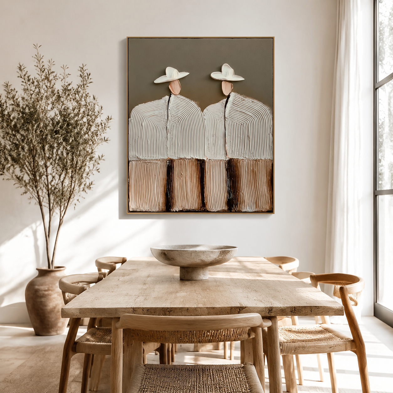 Hand-painted textured couple in hats with white flowers, modern wall art