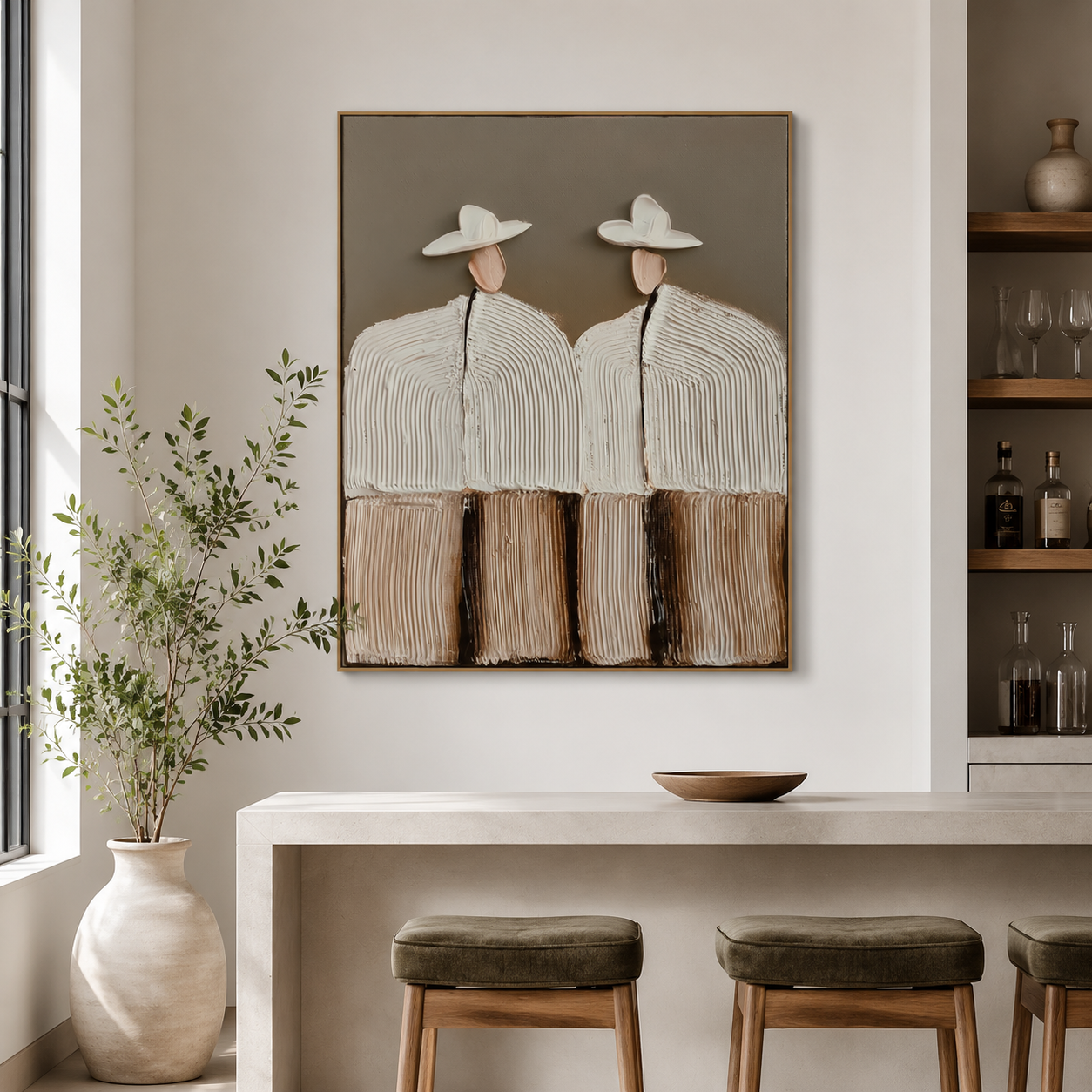 Hand-painted textured couple in hats with white flowers, modern wall art