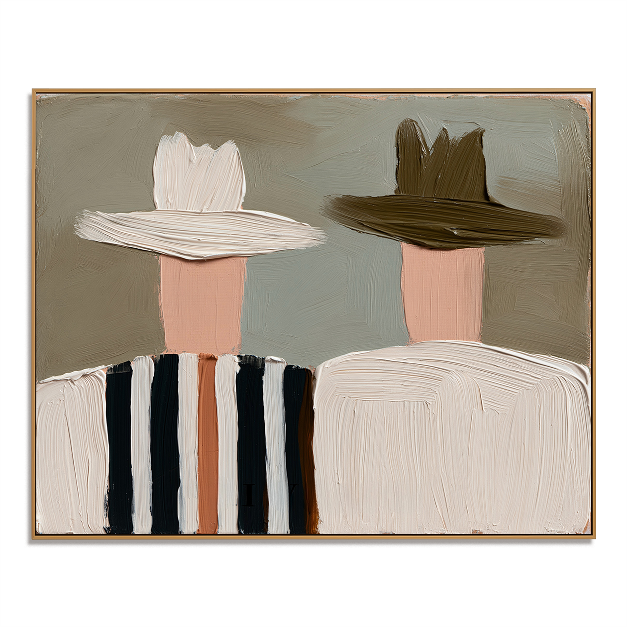 Hand-painted textured couple with hats, minimalist modern wall art