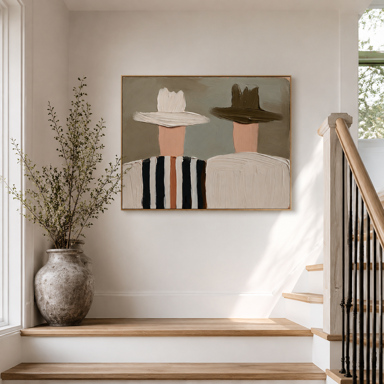 Hand-painted textured couple with hats, minimalist modern wall art