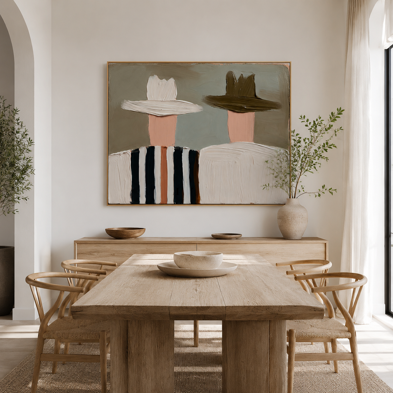 Hand-painted textured couple with hats, minimalist modern wall art