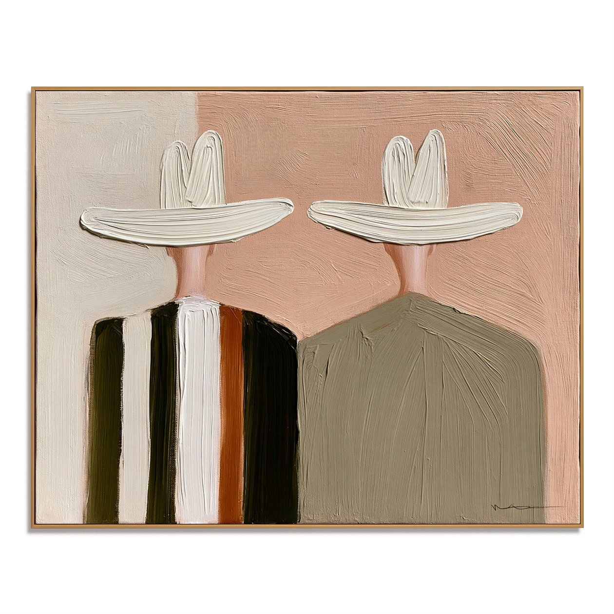 Hand-painted textured couple with hats, minimalist modern wall art