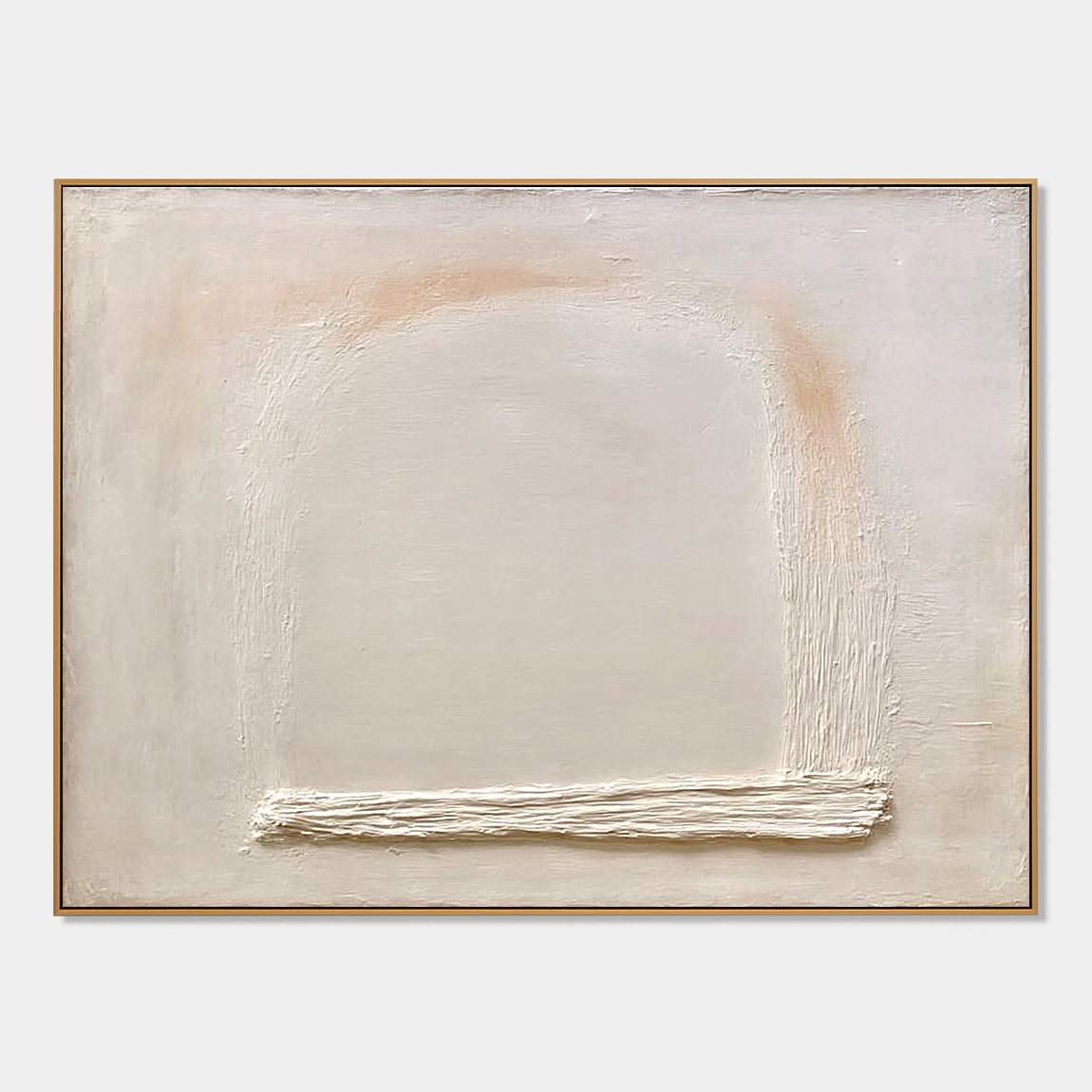 Minimalist textured abstract wall art with cream beige background, soft arch shape, and raised white horizontal texture