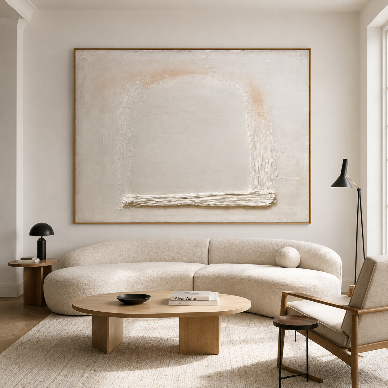 Minimalist textured abstract wall art with cream beige background, soft arch shape, and raised white horizontal texture