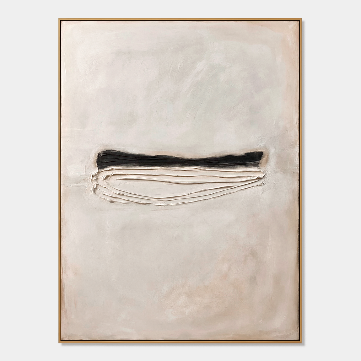 Minimalist textured abstract wall art with black horizontal line and raised white curved texture on beige background