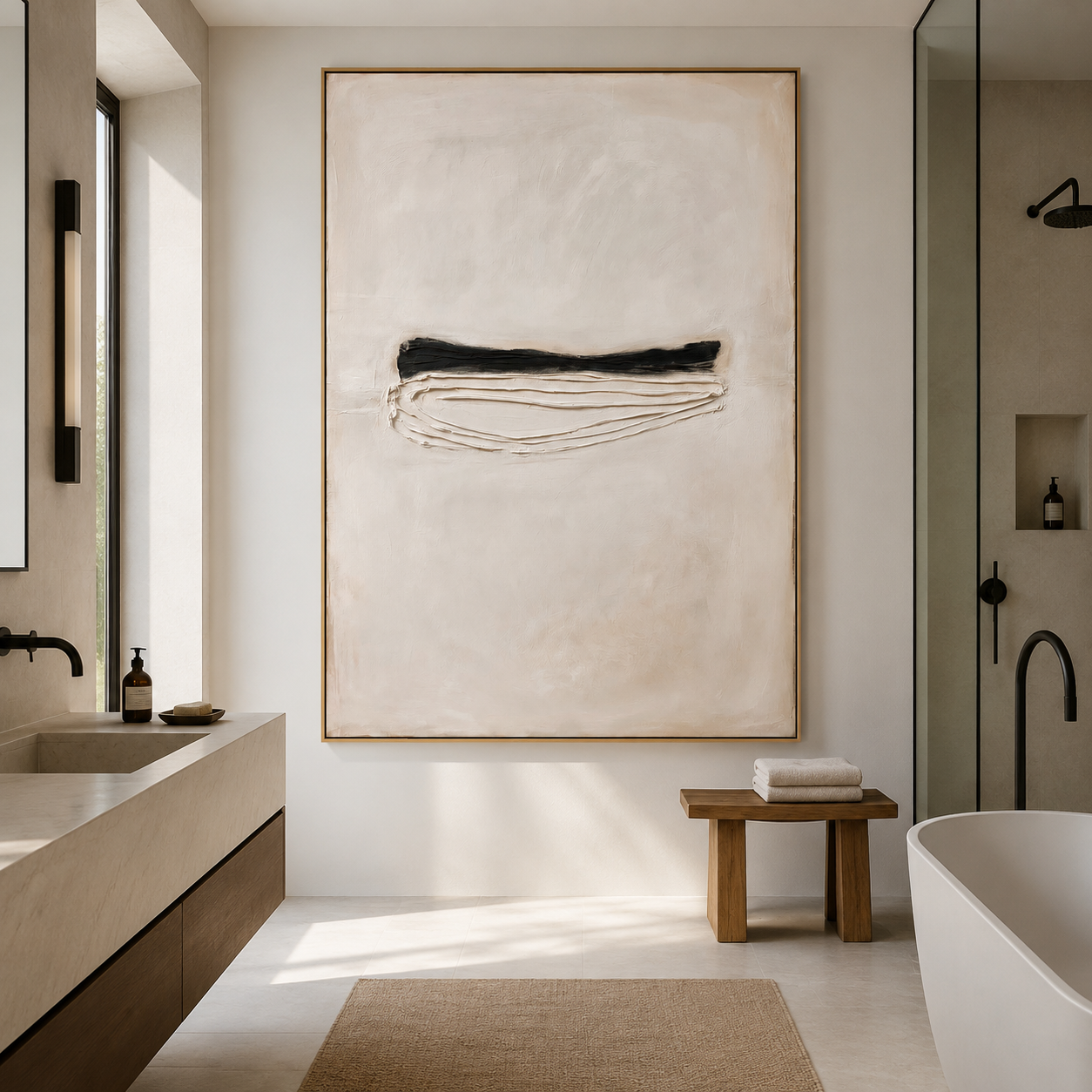 Minimalist textured abstract wall art with black horizontal line and raised white curved texture on beige background