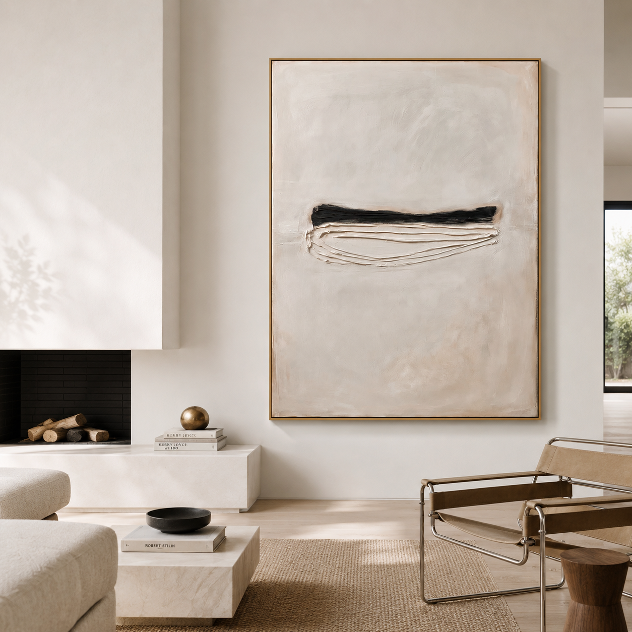 Minimalist textured abstract wall art with black horizontal line and raised white curved texture on beige background