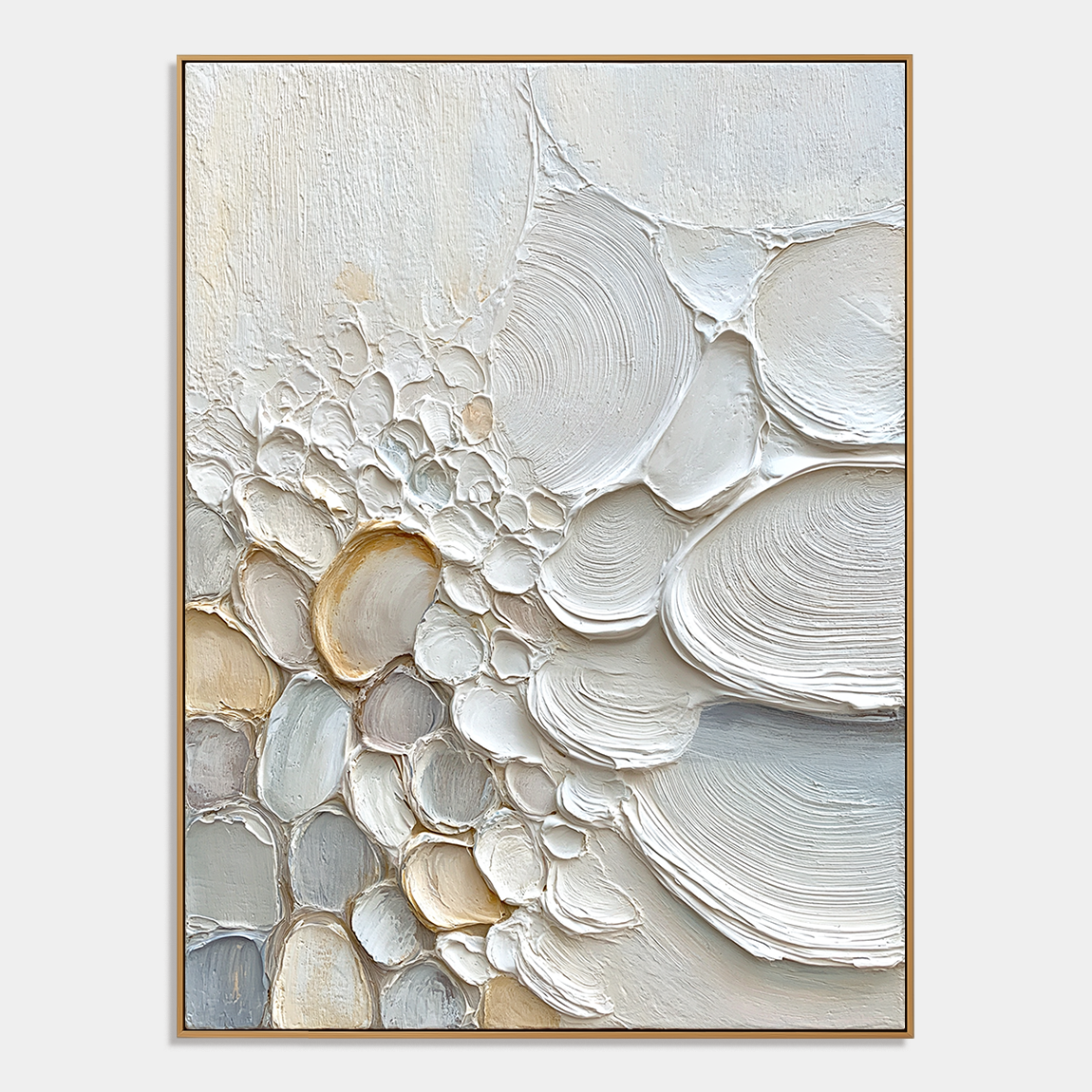 Coastal textured abstract wall art with raised shell and pebble shapes in white cream beige and soft blue tones