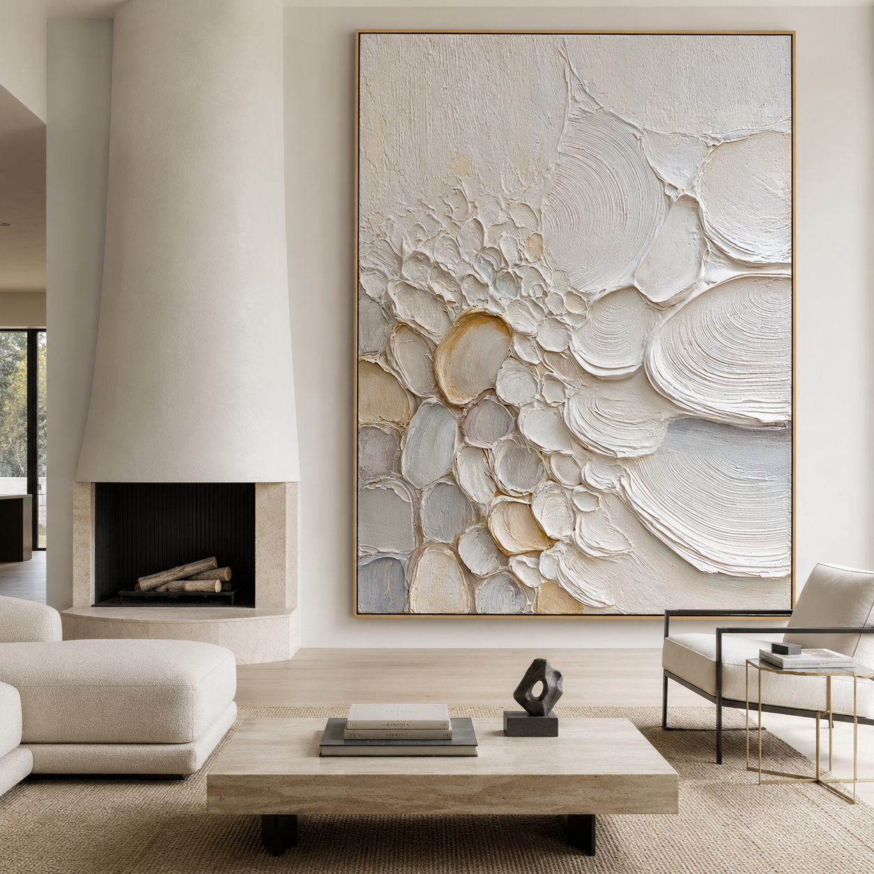 Coastal textured abstract wall art with raised shell and pebble shapes in white cream beige and soft blue tones