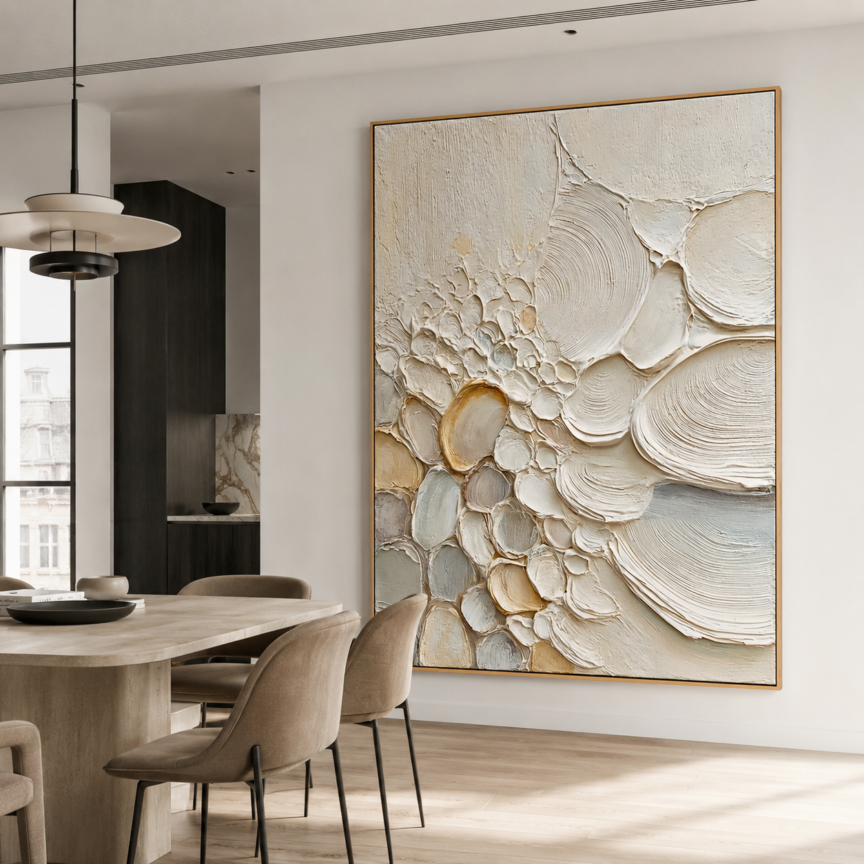 Coastal textured abstract wall art with raised shell and pebble shapes in white cream beige and soft blue tones
