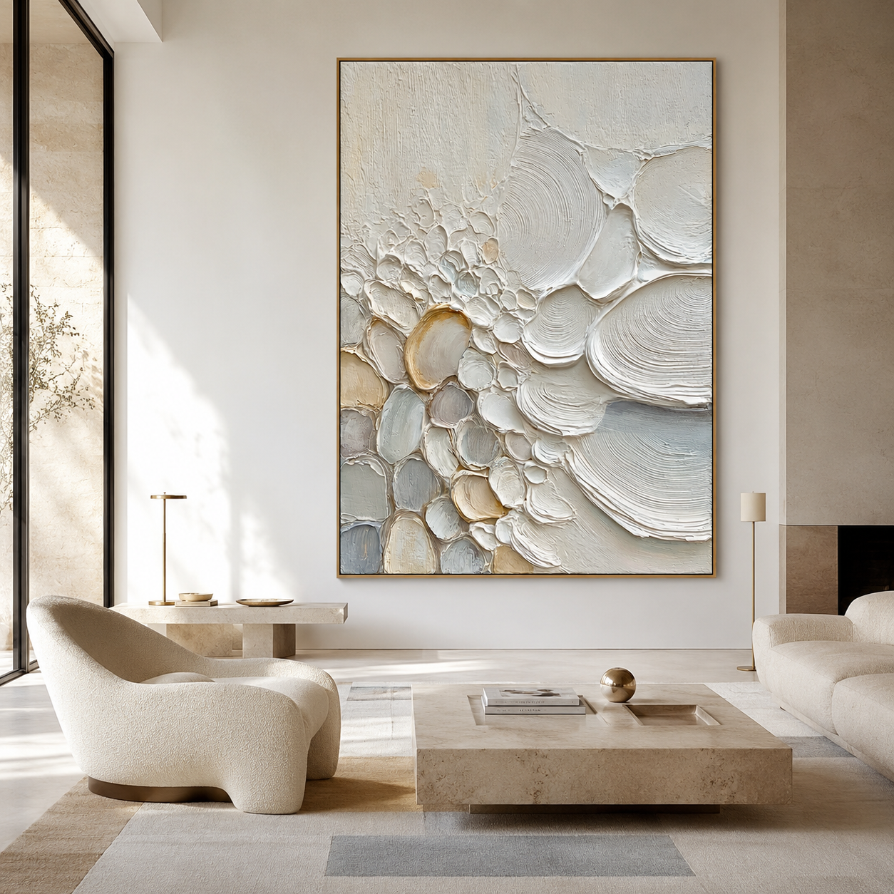 Coastal textured abstract wall art with raised shell and pebble shapes in white cream beige and soft blue tones