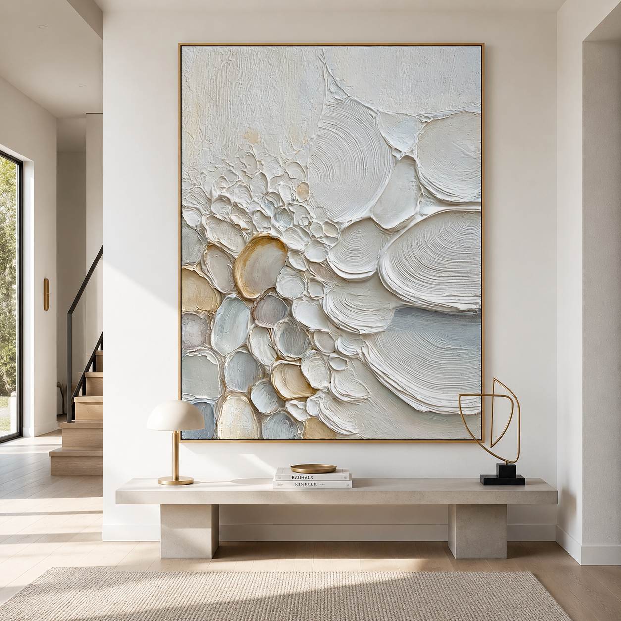 Coastal textured abstract wall art with raised shell and pebble shapes in white cream beige and soft blue tones