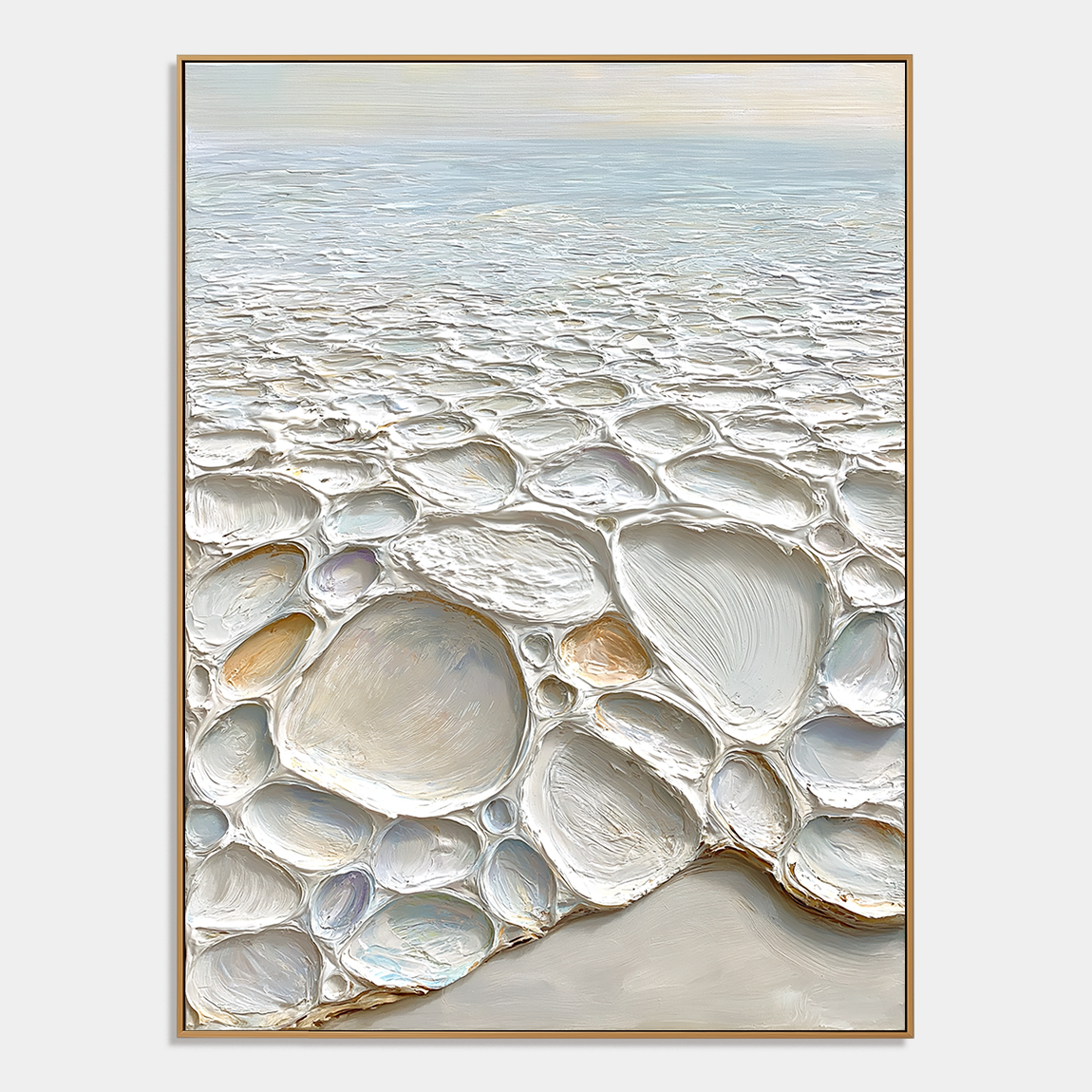 Coastal textured abstract wall art with raised pebble shapes, soft blue horizon, cream beige and white tones