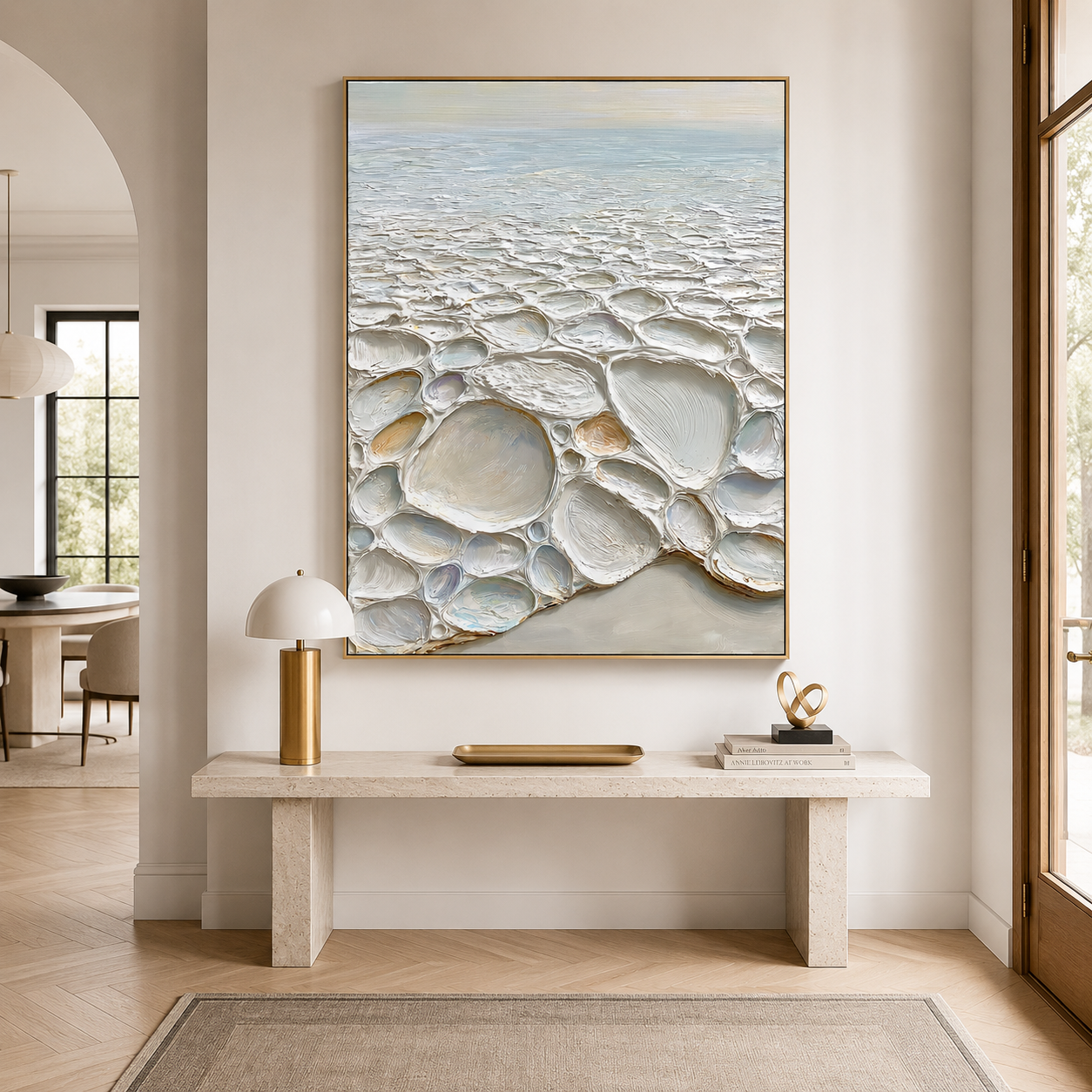 Coastal textured abstract wall art with raised pebble shapes, soft blue horizon, cream beige and white tones