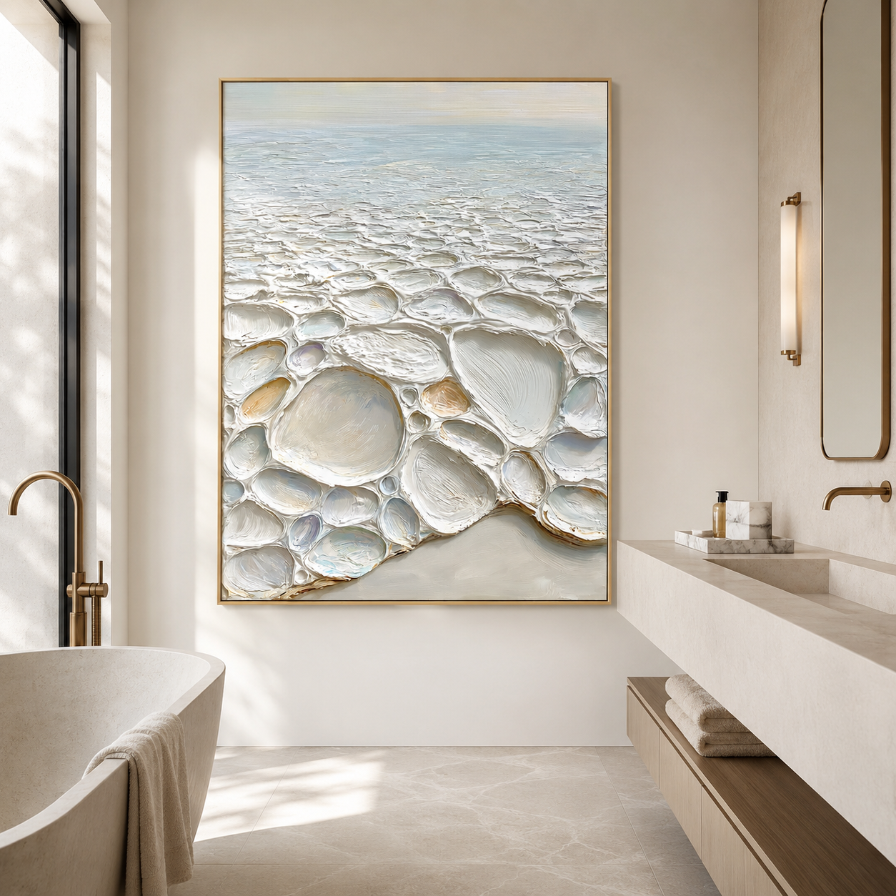 Coastal textured abstract wall art with raised pebble shapes, soft blue horizon, cream beige and white tones