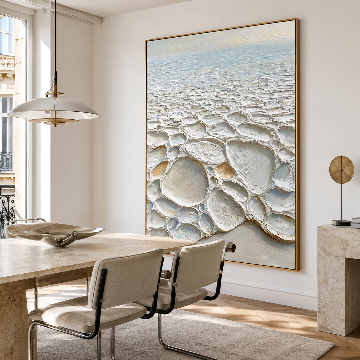 Coastal textured abstract wall art with raised pebble shapes, soft blue horizon, cream beige and white tones