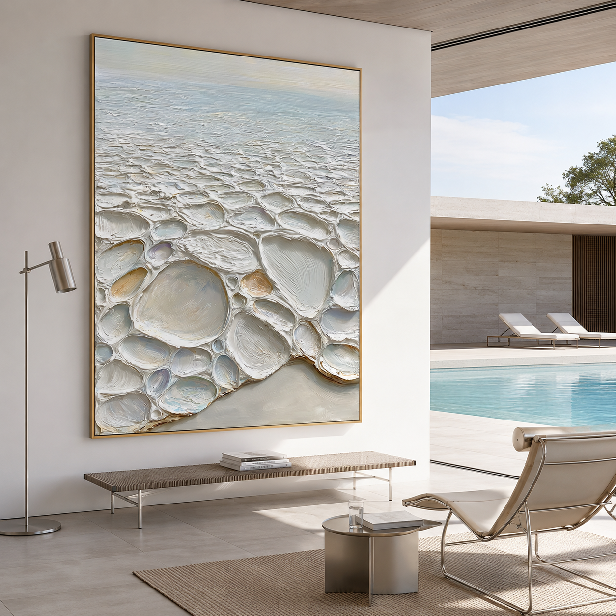 Coastal textured abstract wall art with raised pebble shapes, soft blue horizon, cream beige and white tones