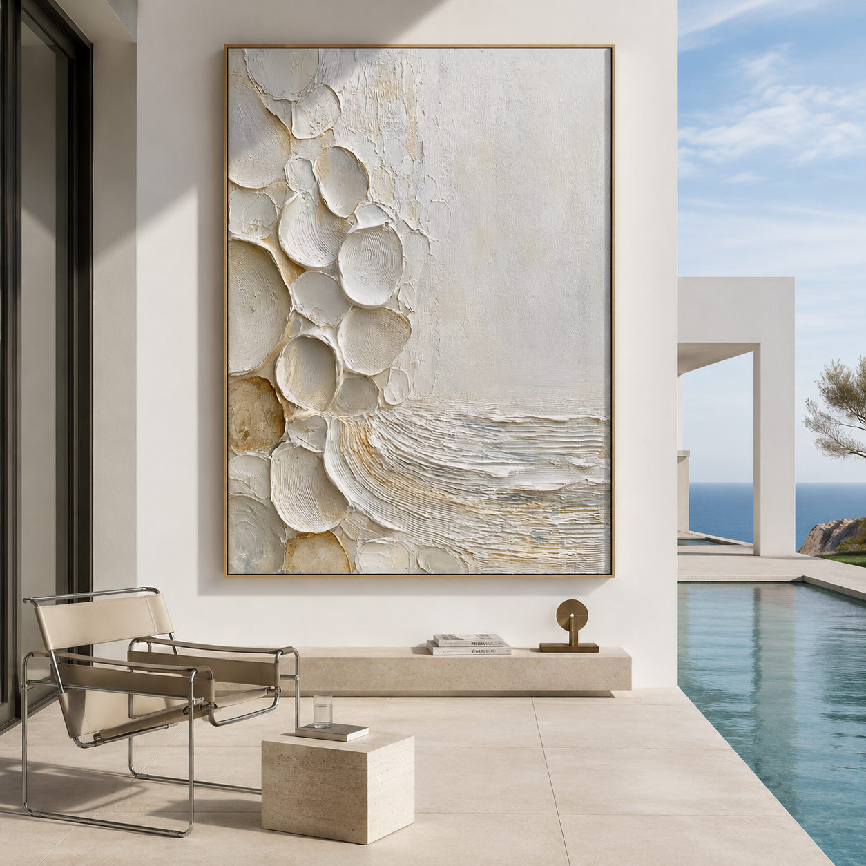 Coastal textured abstract wall art with raised shell shapes in white cream beige and soft gray tones
