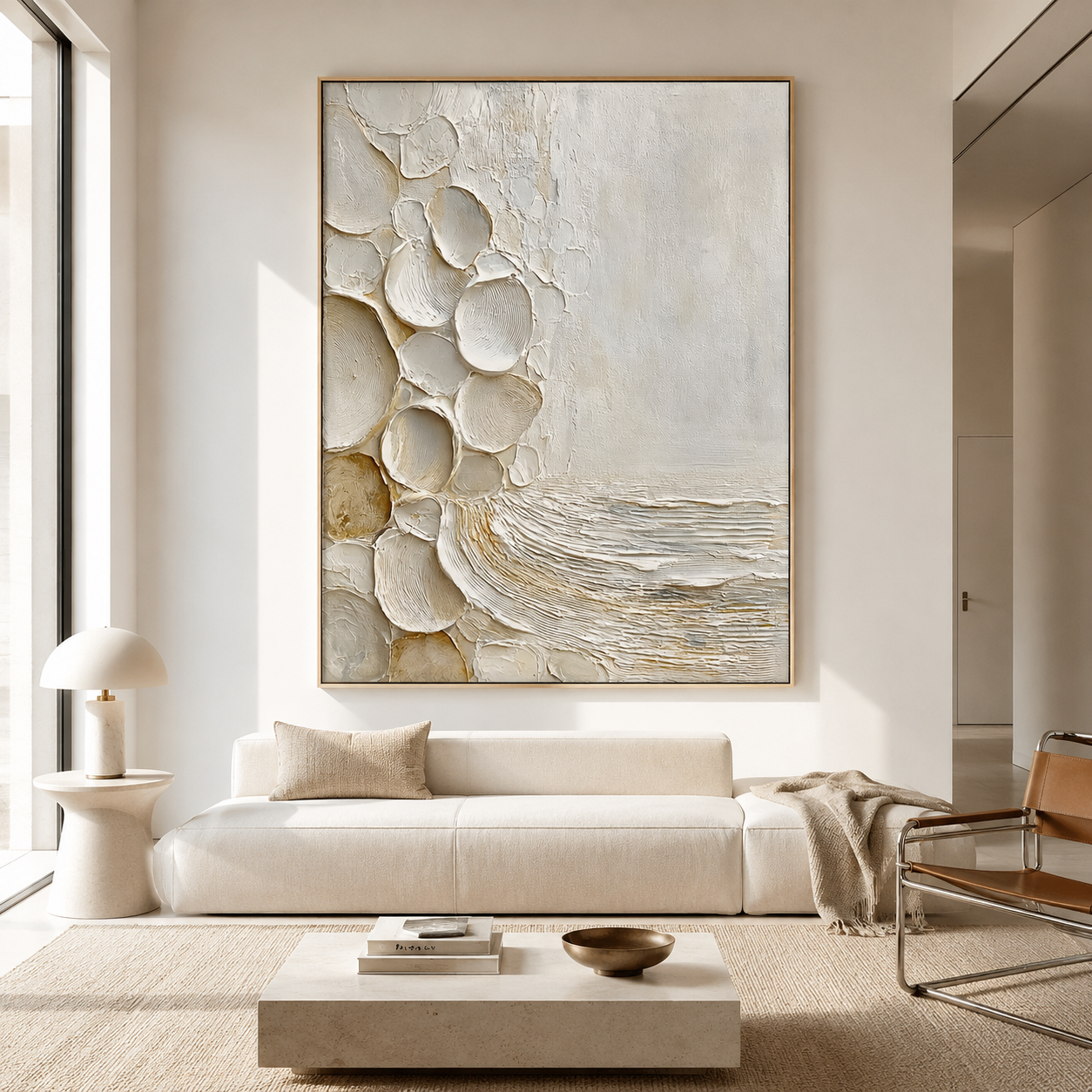Coastal textured abstract wall art with raised shell shapes in white cream beige and soft gray tones