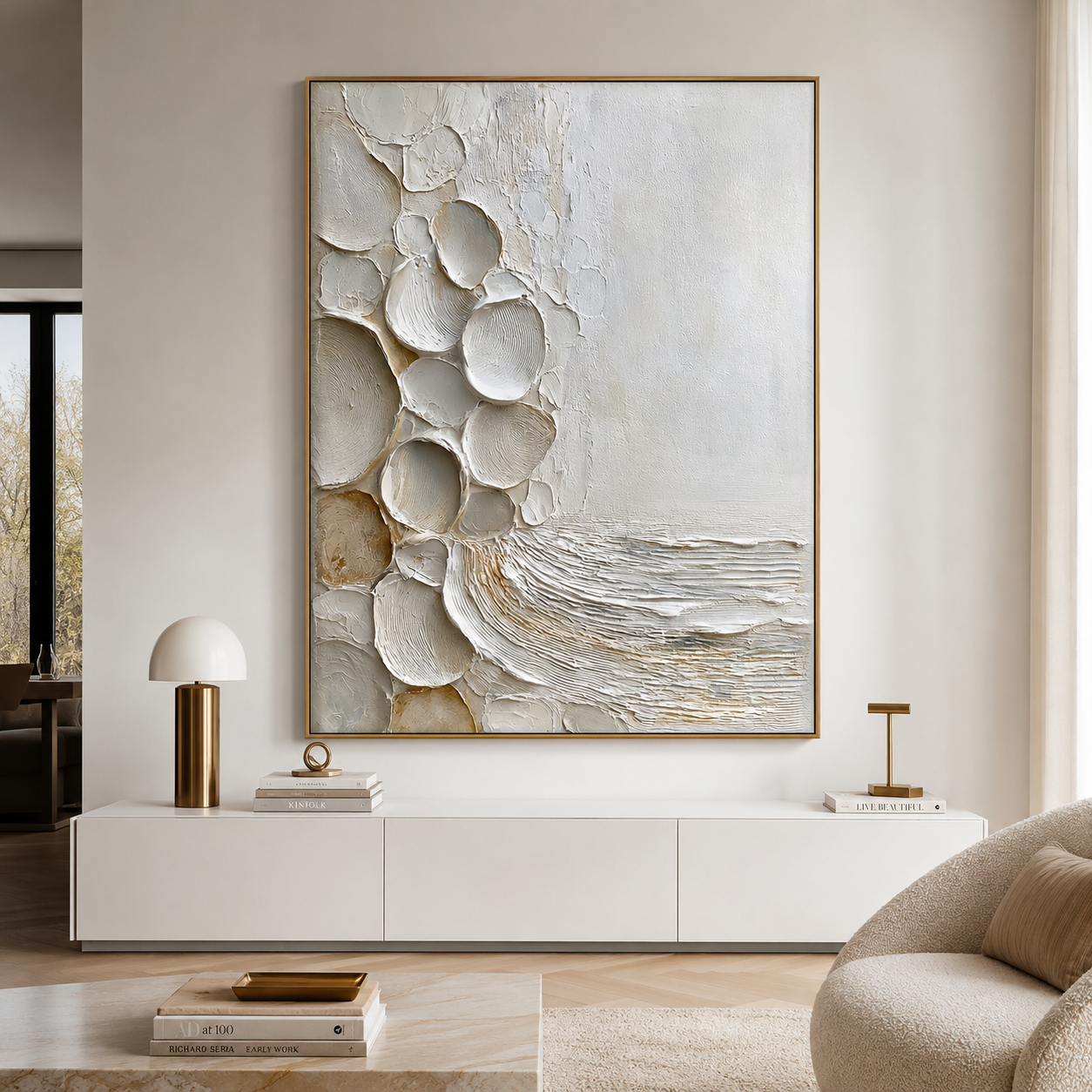 Coastal textured abstract wall art with raised shell shapes in white cream beige and soft gray tones
