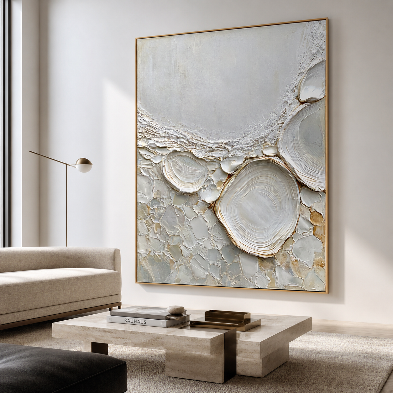 Neutral textured abstract wall art with raised pebble shapes in white cream beige and soft gold tones