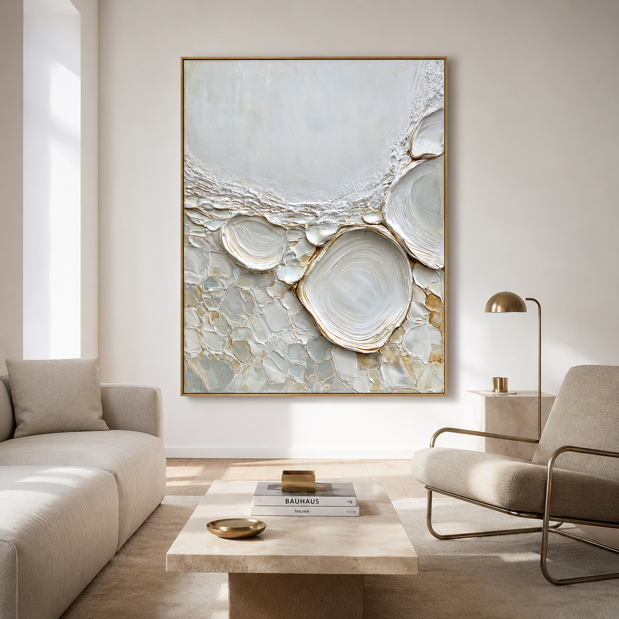 Neutral textured abstract wall art with raised pebble shapes in white cream beige and soft gold tones