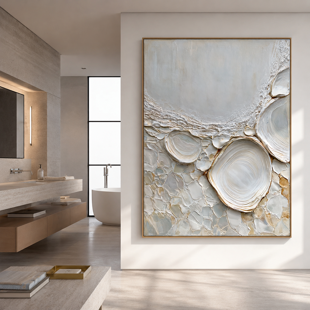 Neutral textured abstract wall art with raised pebble shapes in white cream beige and soft gold tones
