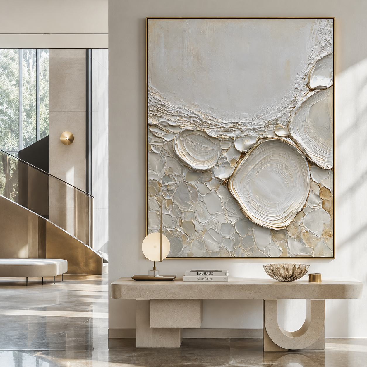Neutral textured abstract wall art with raised pebble shapes in white cream beige and soft gold tones