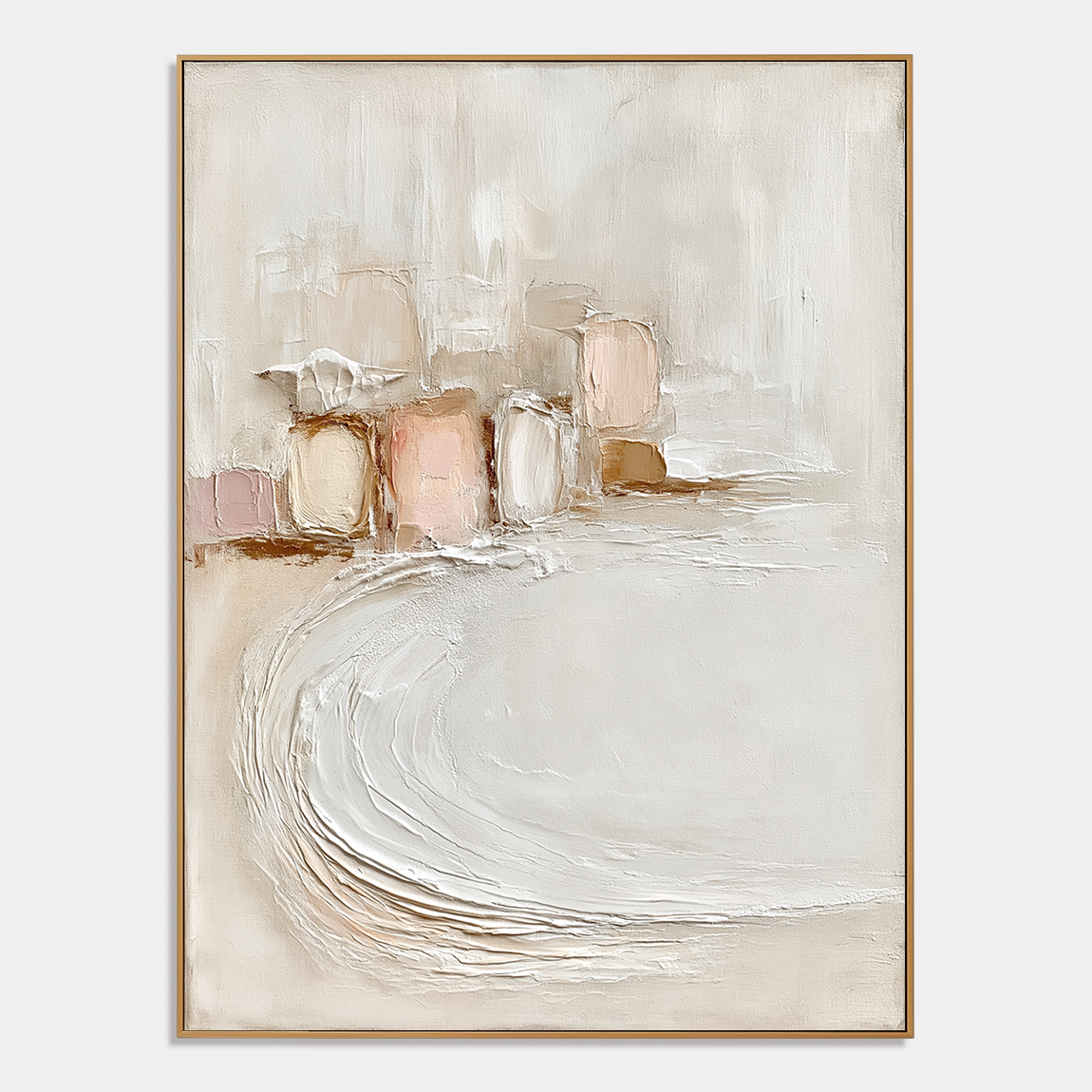 Neutral textured abstract wall art with cream beige soft pink blocks and raised curved brush texture