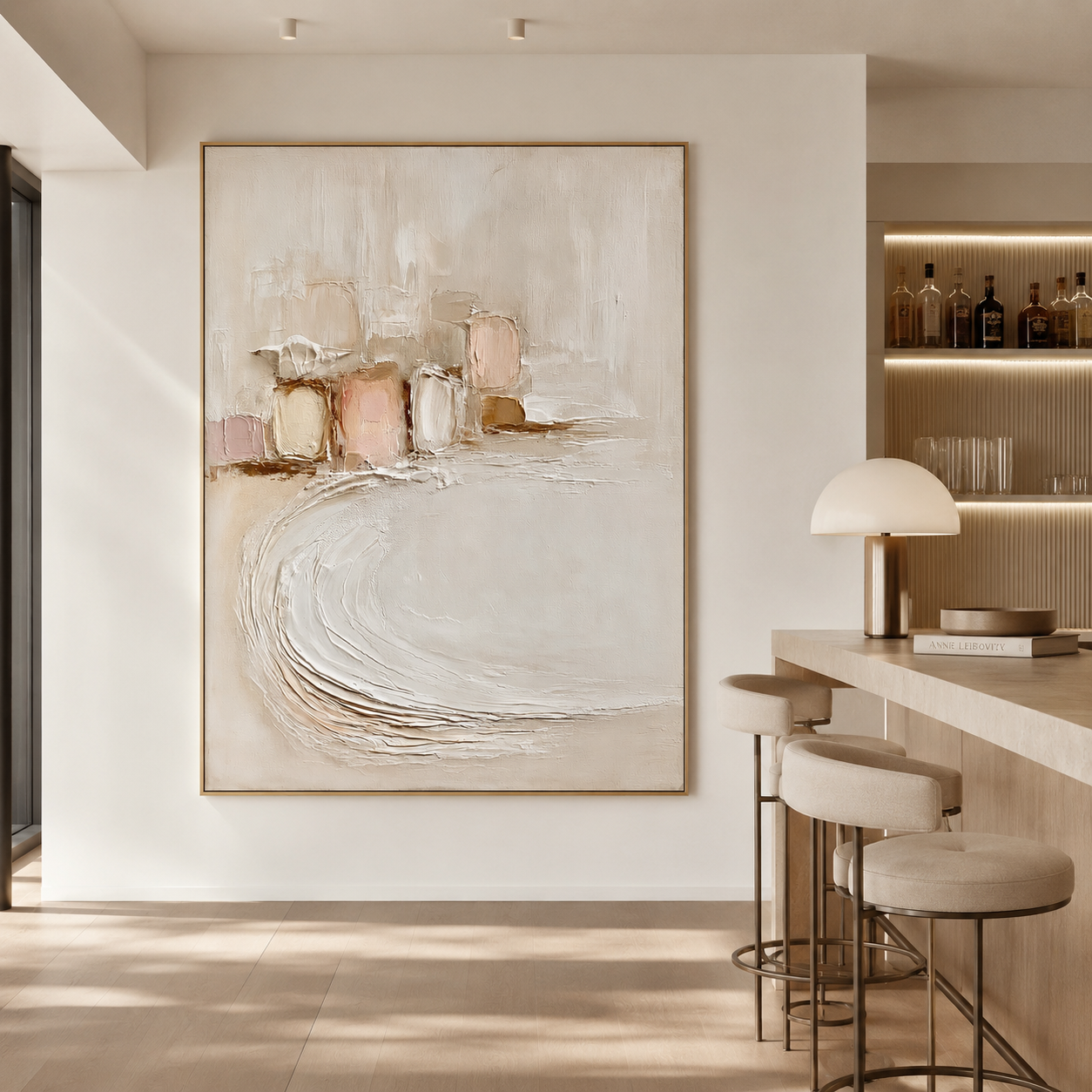 Neutral textured abstract wall art with cream beige soft pink blocks and raised curved brush texture