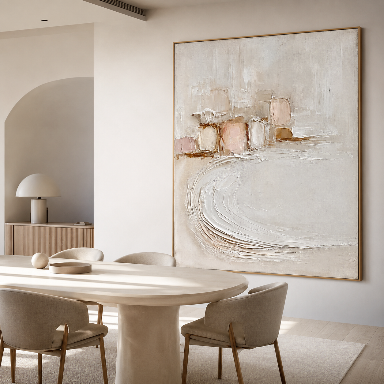 Neutral textured abstract wall art with cream beige soft pink blocks and raised curved brush texture