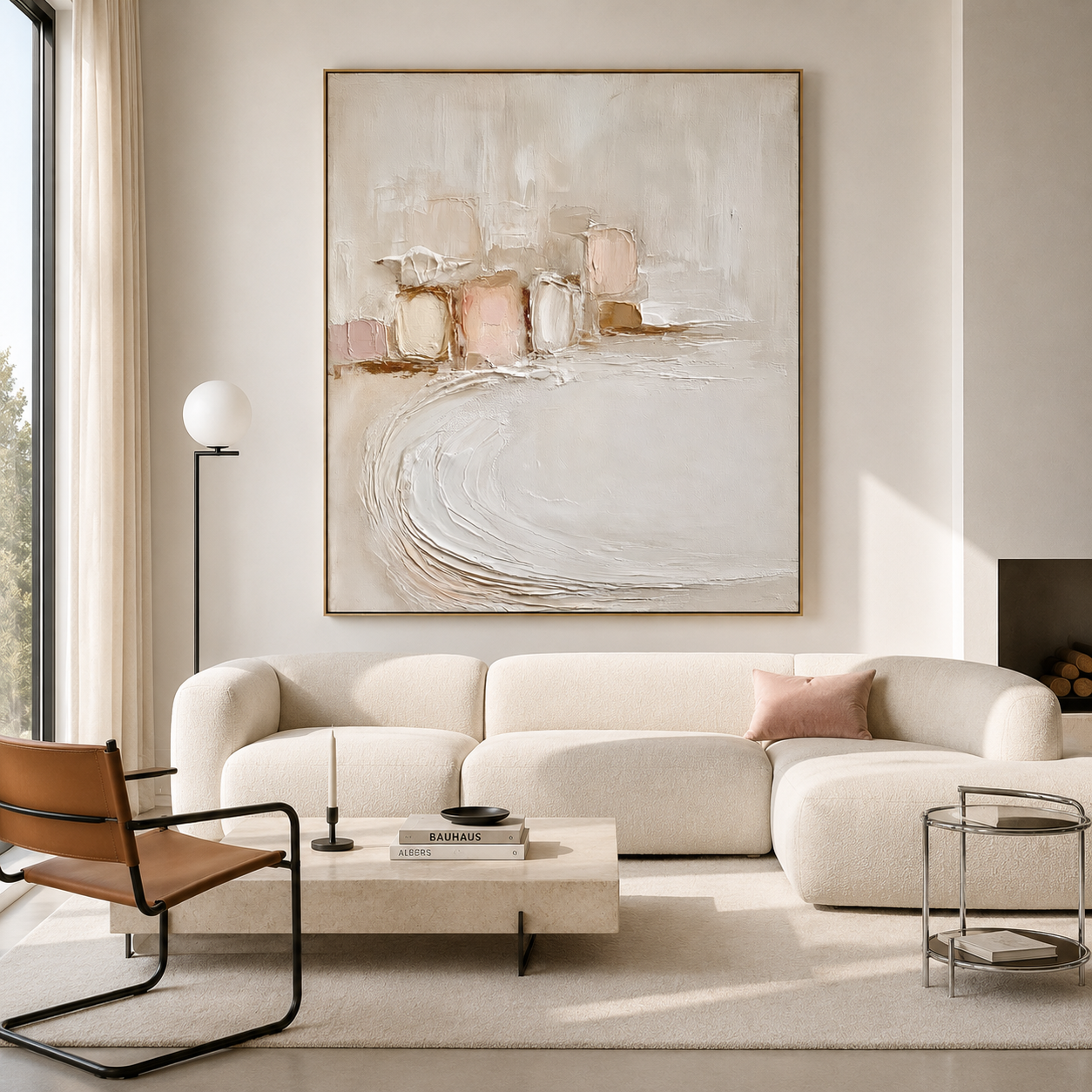 Neutral textured abstract wall art with cream beige soft pink blocks and raised curved brush texture