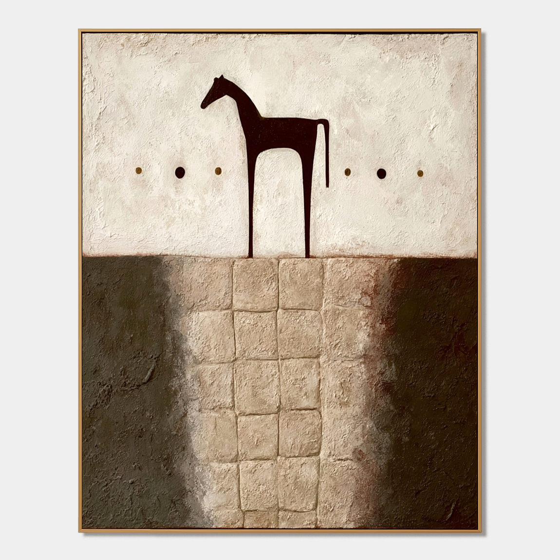 Textured abstract horse wall art with rustic neutral tones, dark horse silhouette, and earthy beige brown background