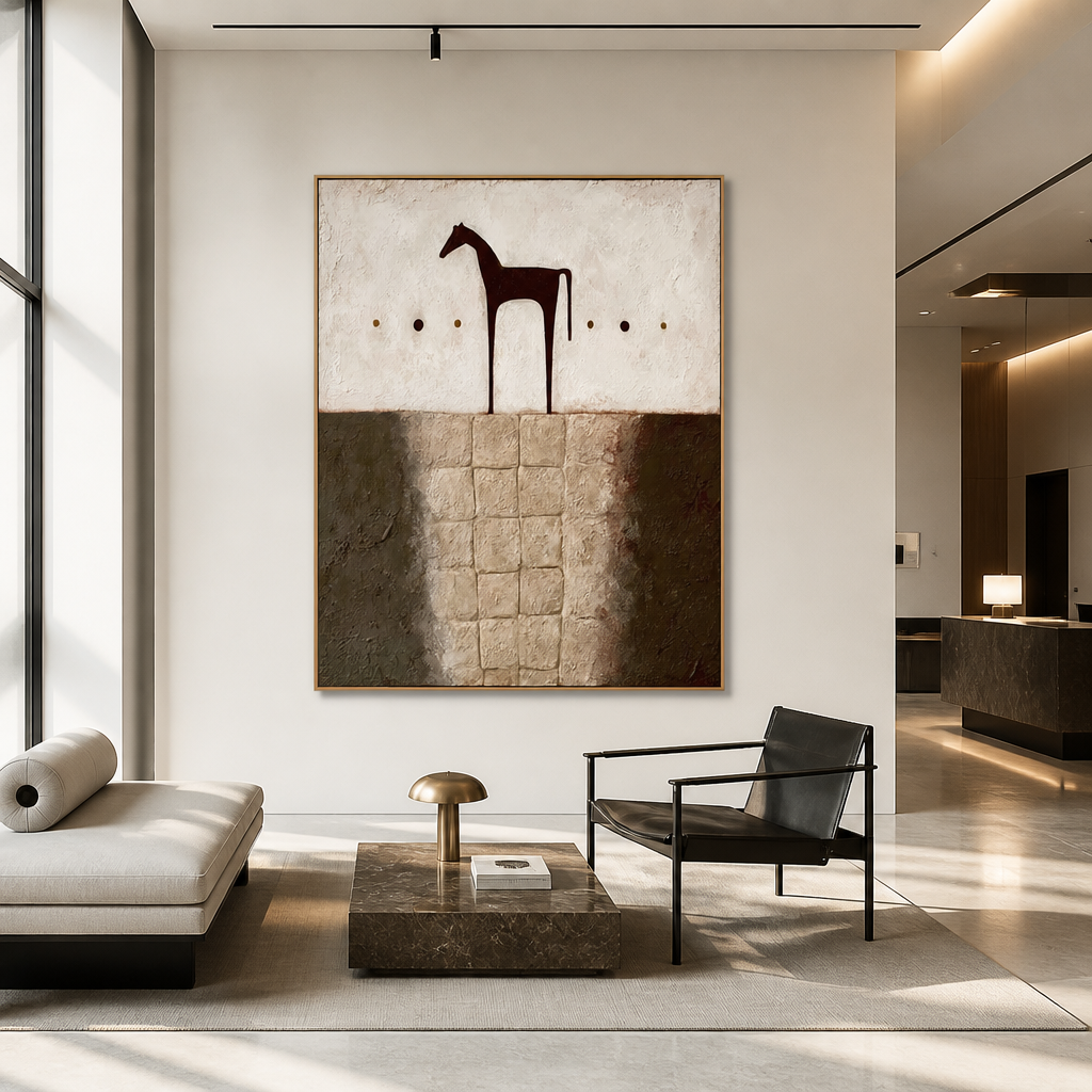 Textured abstract horse wall art with rustic neutral tones, dark horse silhouette, and earthy beige brown background