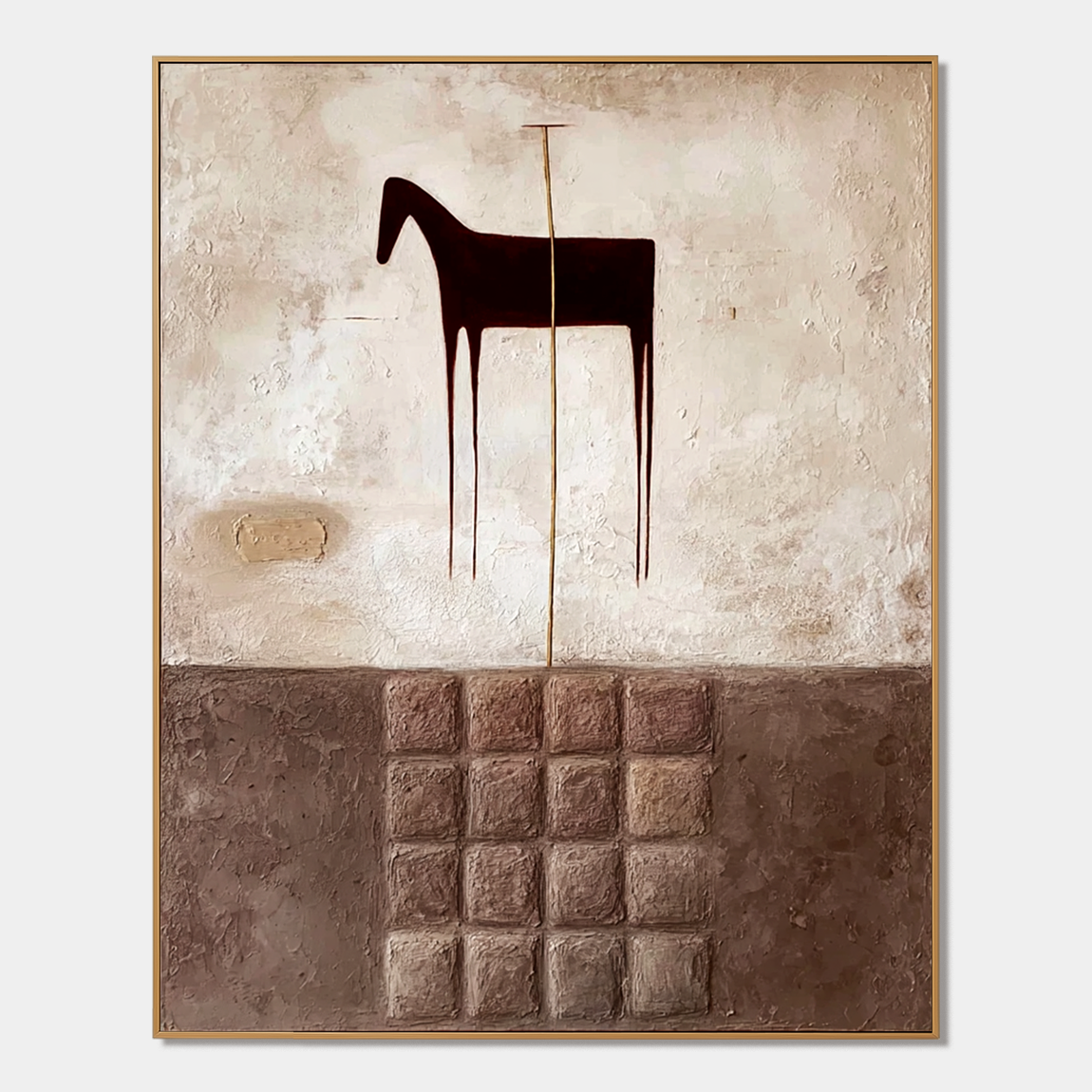 Textured abstract horse wall art with dark horse silhouette, earthy brown blocks, cream beige background