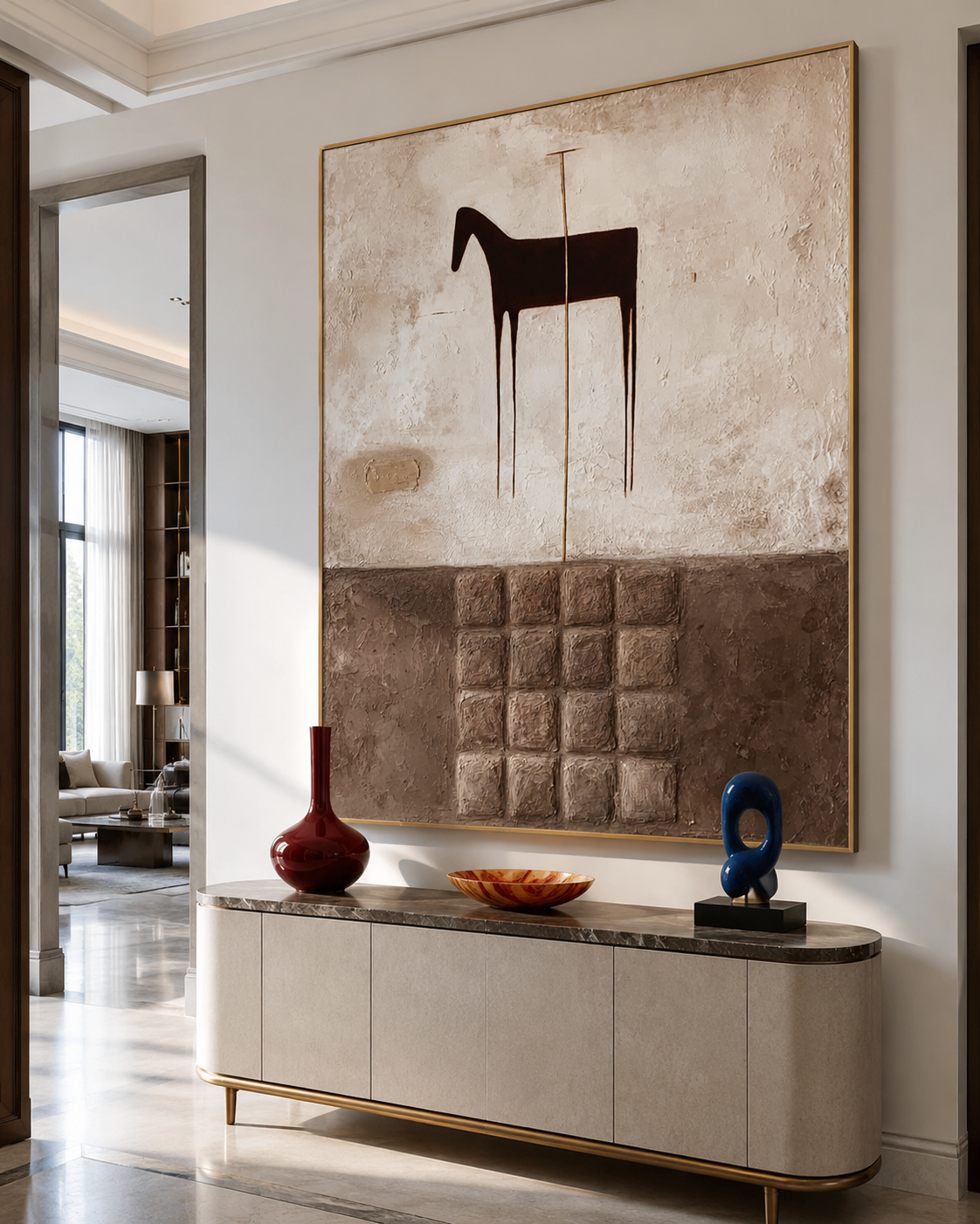 Textured abstract horse wall art with dark horse silhouette, earthy brown blocks, cream beige background