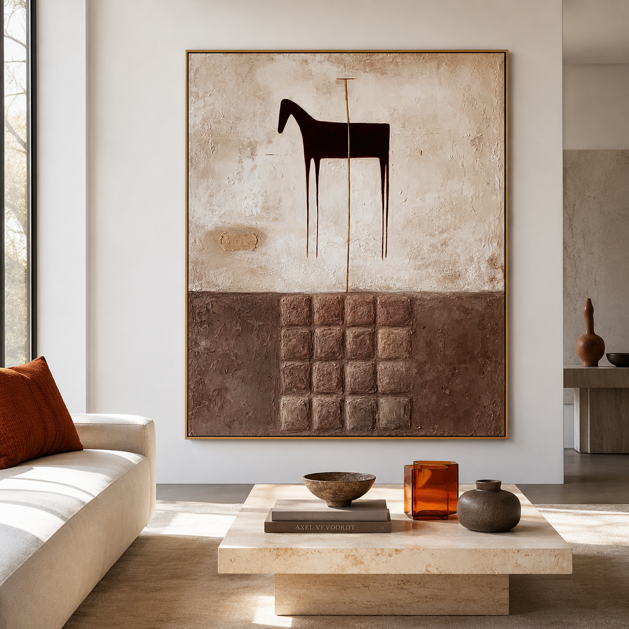 Textured abstract horse wall art with dark horse silhouette, earthy brown blocks, cream beige background