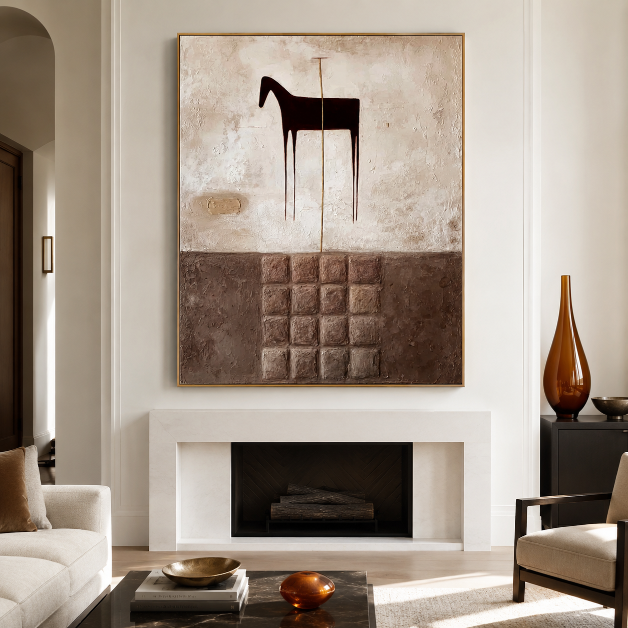 Textured abstract horse wall art with dark horse silhouette, earthy brown blocks, cream beige background