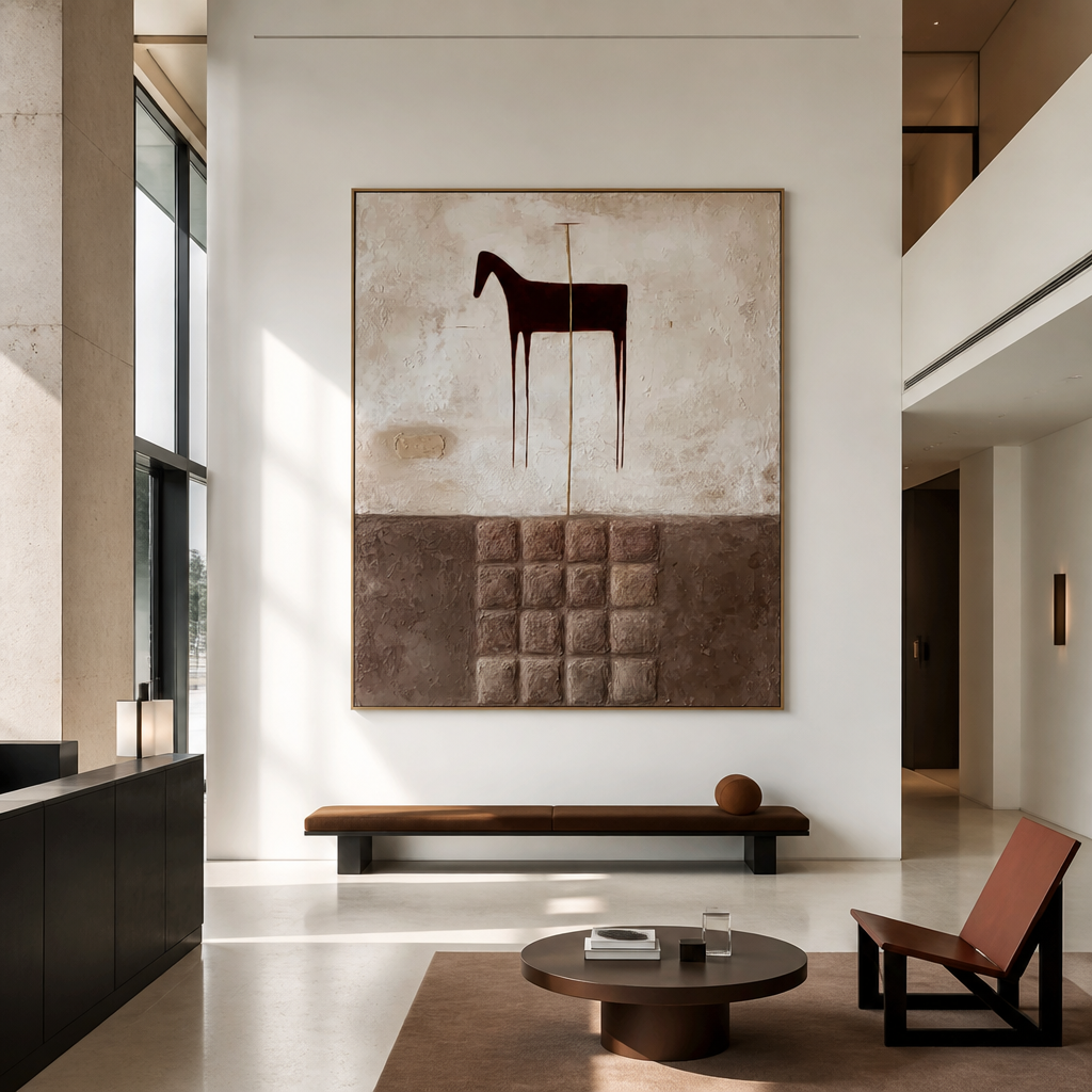Textured abstract horse wall art with dark horse silhouette, earthy brown blocks, cream beige background