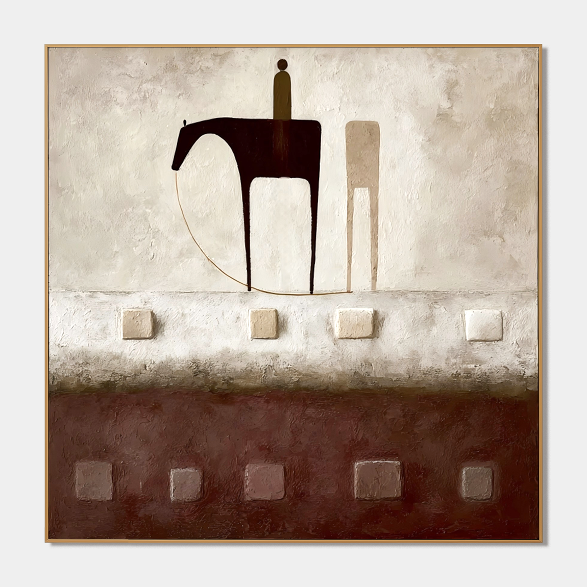 Textured horse and rider wall art with earthy brown tones, cream background, and raised square details