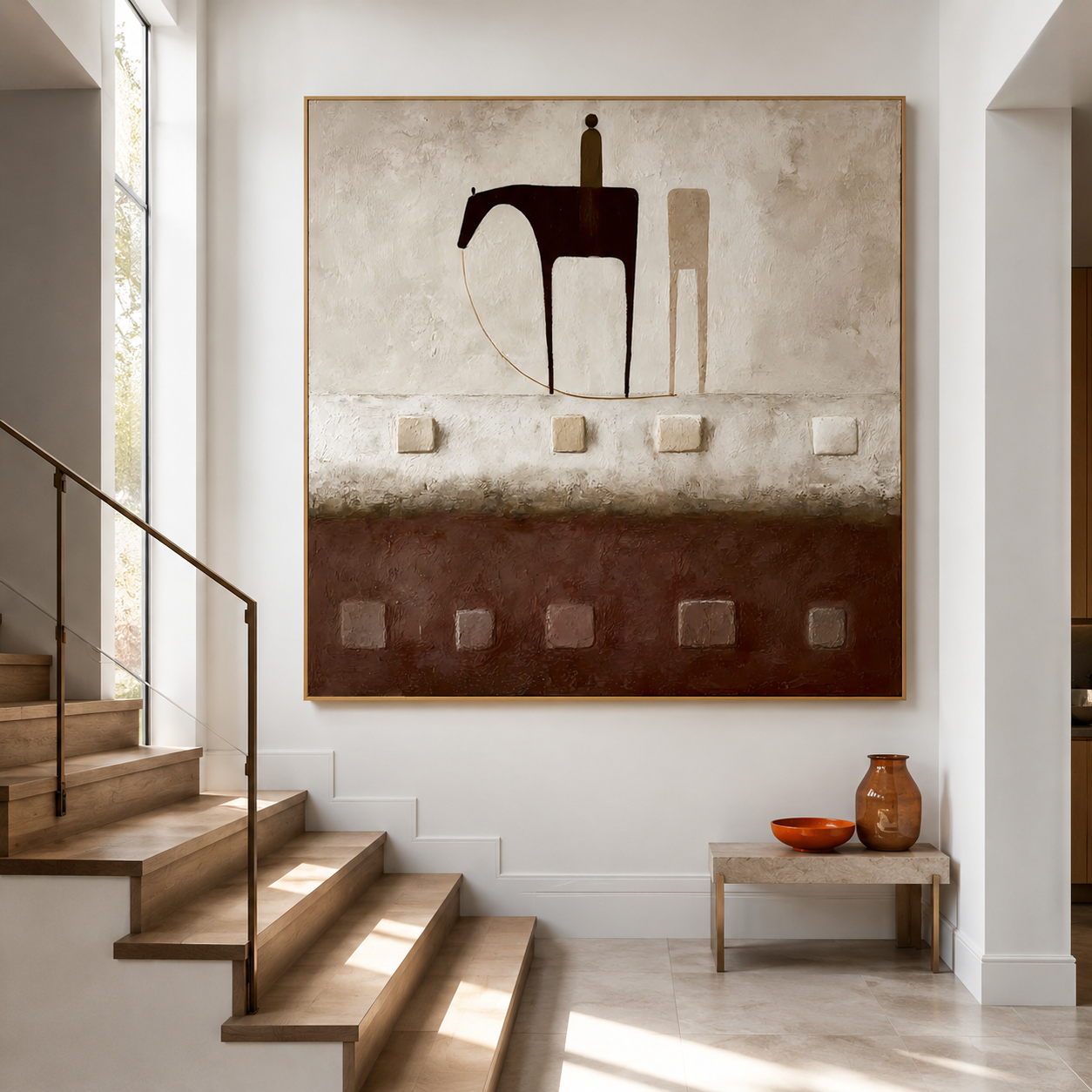 Textured horse and rider wall art with earthy brown tones, cream background, and raised square details