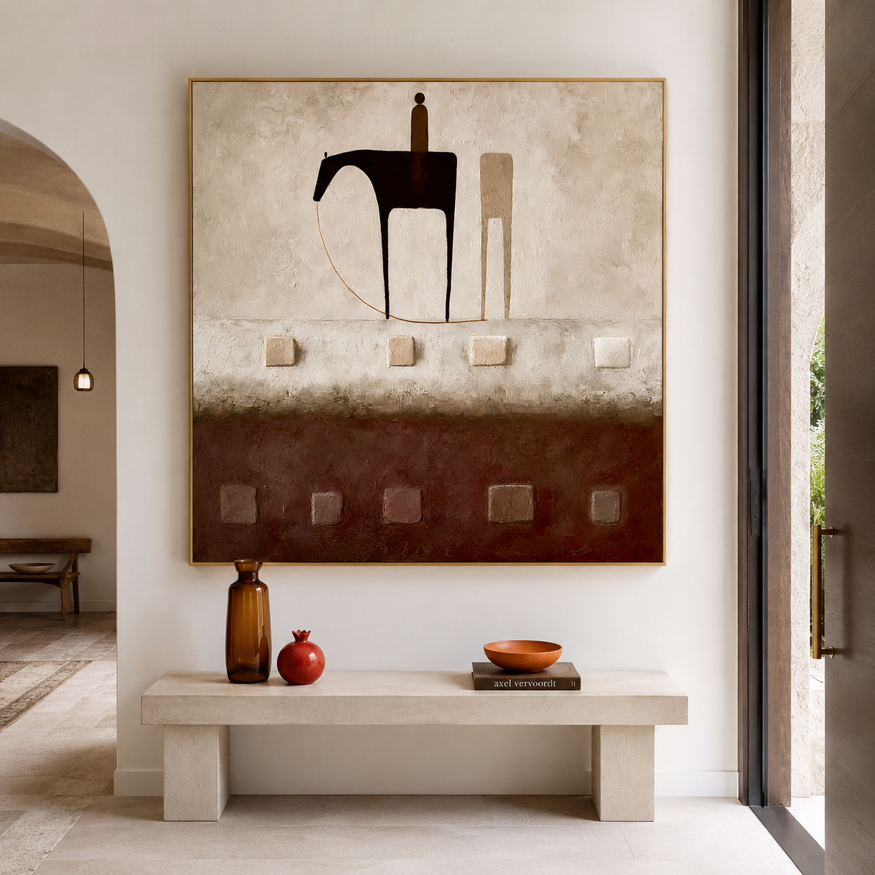 Textured horse and rider wall art with earthy brown tones, cream background, and raised square details