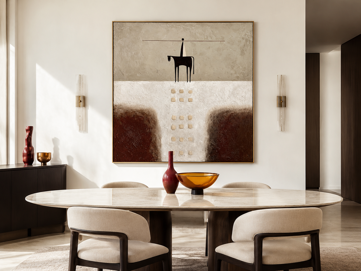 Textured abstract horse wall art with rider, earthy brown tones, cream background, and raised square details