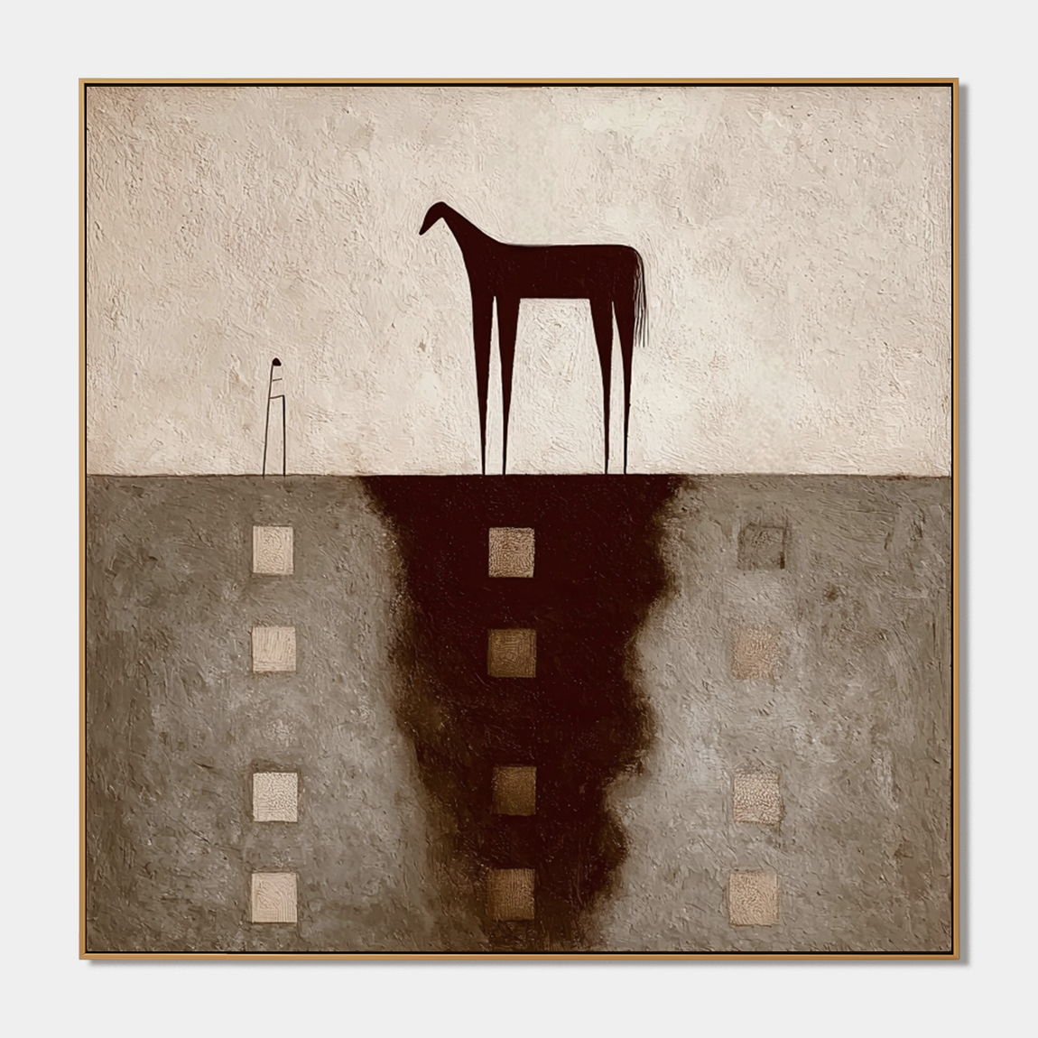 Textured abstract horse wall art with dark horse silhouette, neutral gray beige background, and raised square details