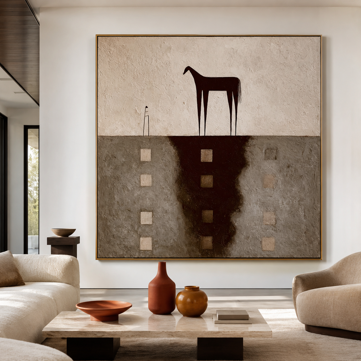 Textured abstract horse wall art with dark horse silhouette, neutral gray beige background, and raised square details