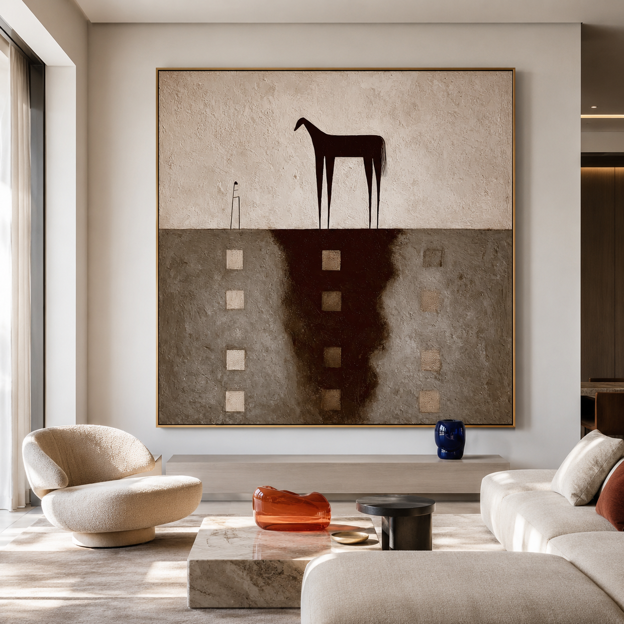 Textured abstract horse wall art with dark horse silhouette, neutral gray beige background, and raised square details