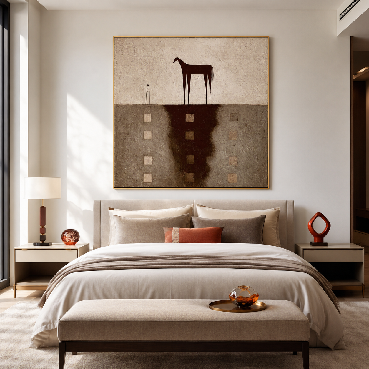 Textured abstract horse wall art with dark horse silhouette, neutral gray beige background, and raised square details